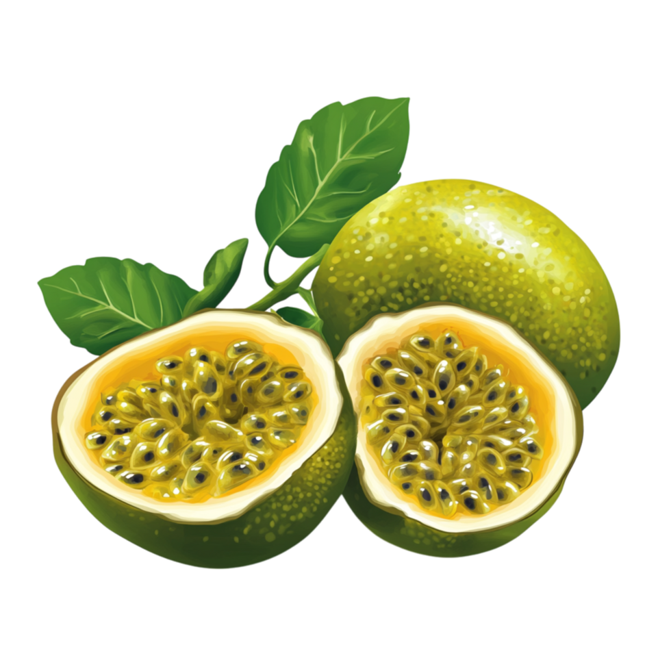 Fresh passion fruits with bright yellowgreen skin and juicy pulp inside are cut open revealing their tangy and exotic flavor png