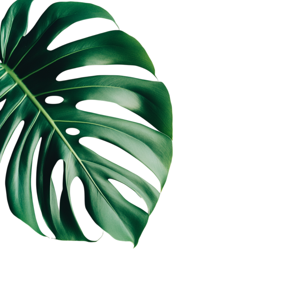 Large tropical monstera leaf with glossy green texture and unique holes stands out bringing a touch of exotic beauty indoors png