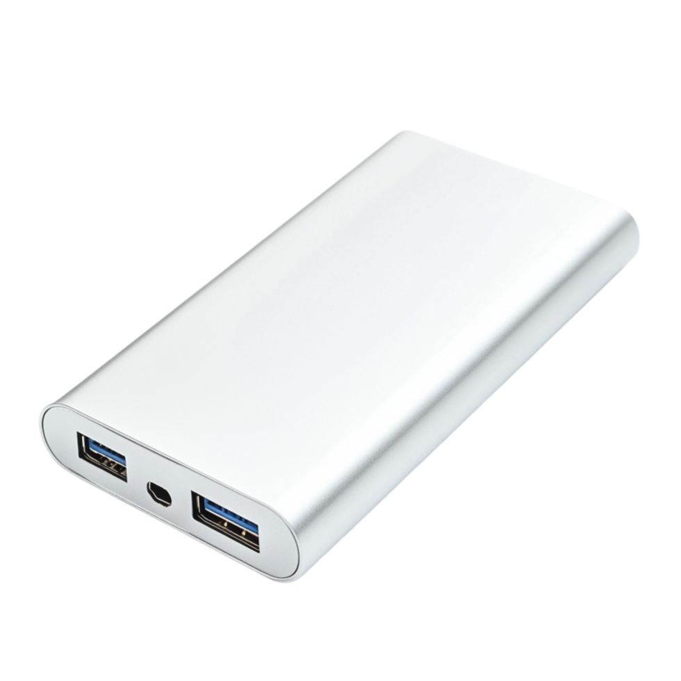 Compact silver power bank with dual USB ports provides portable and reliable charging making it an essential device for staying connected on the go png