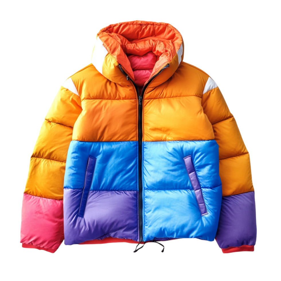 Vibrant puffer jacket with bold colors offers warmth and fashion for chilly adventures png