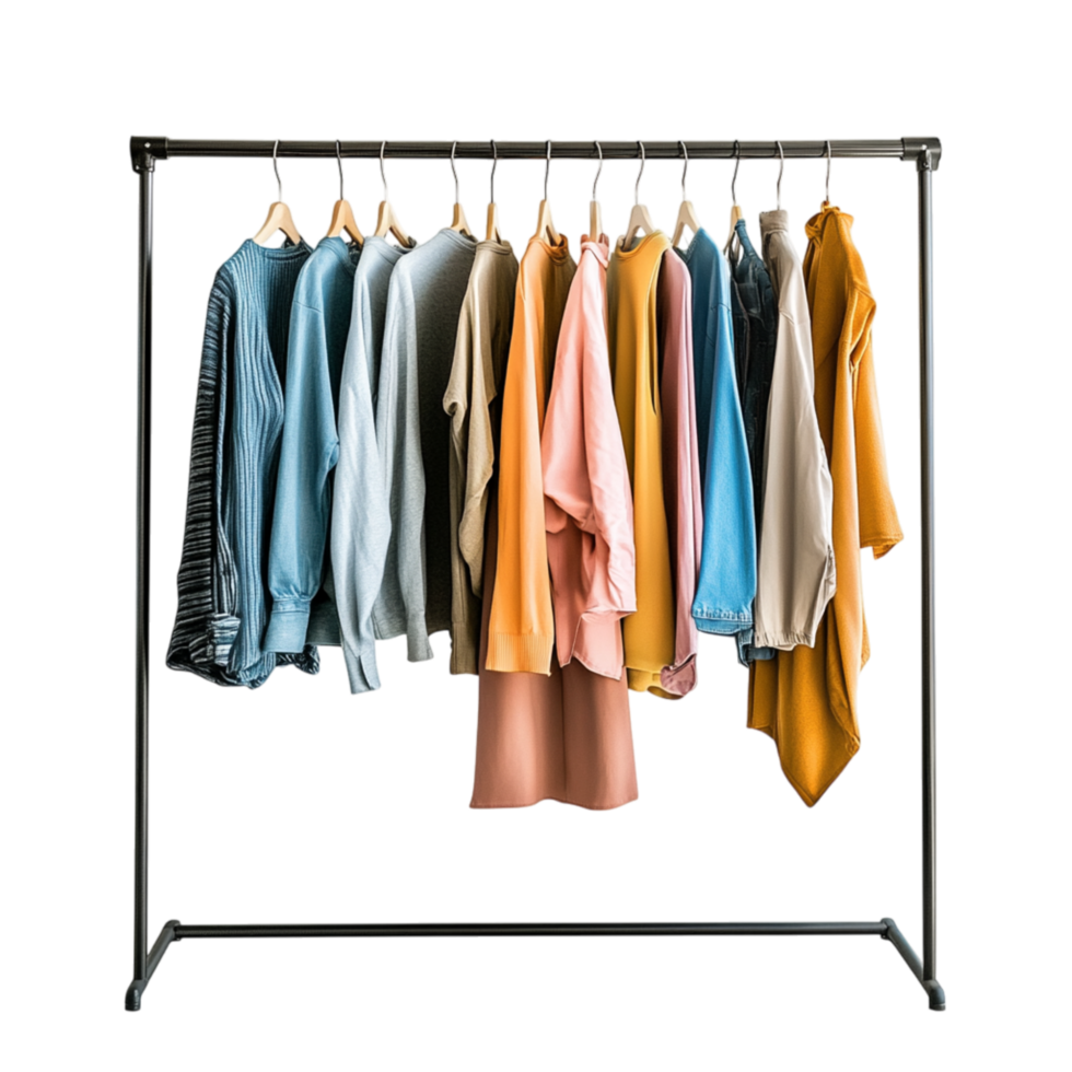Clothing rack filled with neatly arranged shirts jackets and dresses stands ready for selection offering a stylish wardrobe choice png