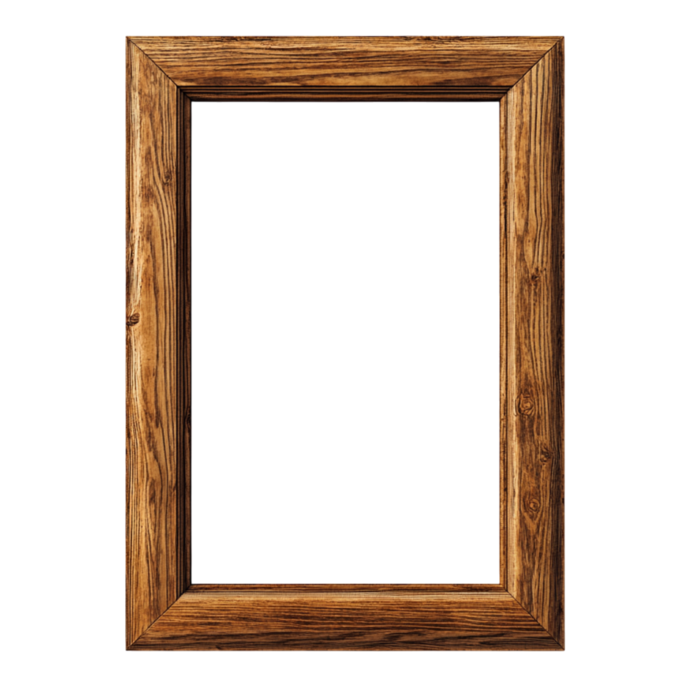 Wooden picture frame with a rich natural grain stands empty ready to hold a cherished memory or anistic masterpiece png