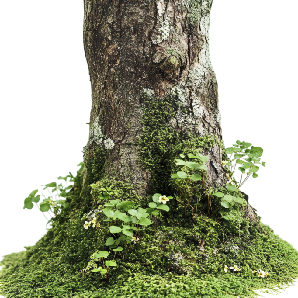 Mosscovered tree trunk with lush green foliage growing at its base stands tall as a symbol of strength and natural beauty png
