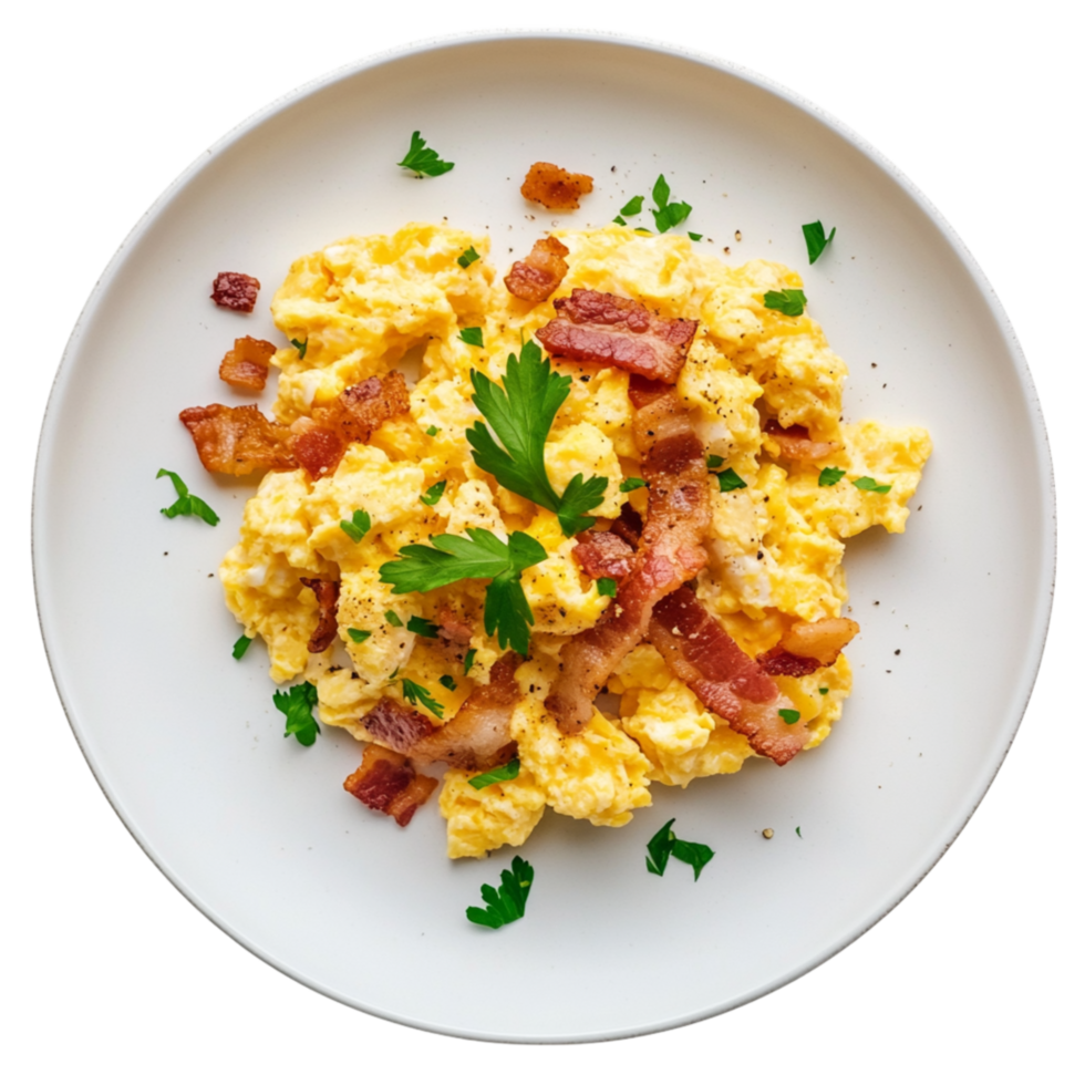 Fluffy scrambled eggs mixed with crispy bacon and fresh herbs create a rich and savory dish making it a hearty and satisfying breakfast choice png