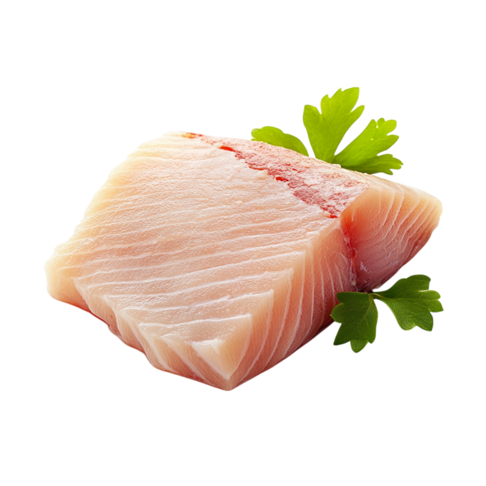 Fresh raw fish fillet with a delicate pinkishwhite color and a garnish of parsley looks delicious and nutritious making it a prime choice for gourmet seafood dishes png