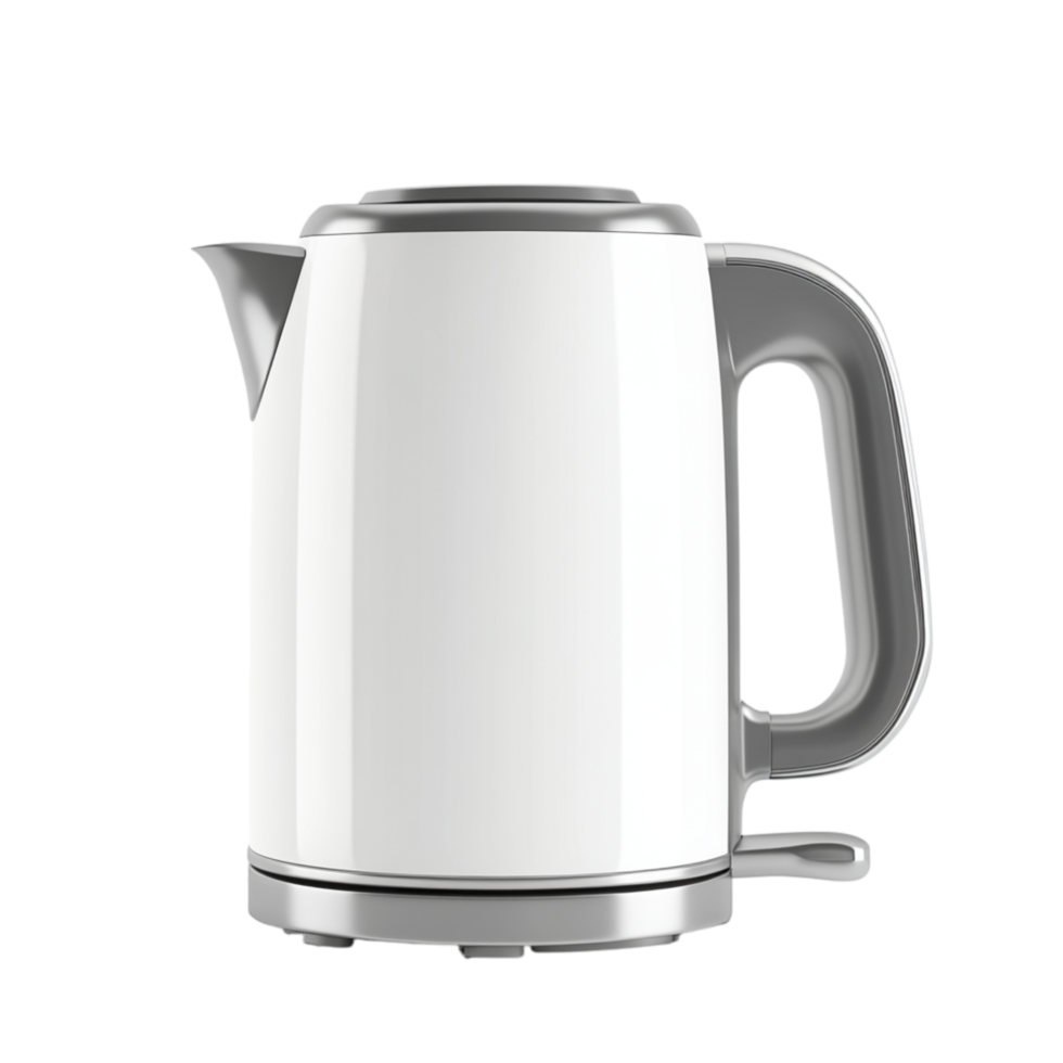 Minimalist white electric kettle with a sleek handle and a modern spout boils water efficiently making it a practical addition to any kitchen or office setup png