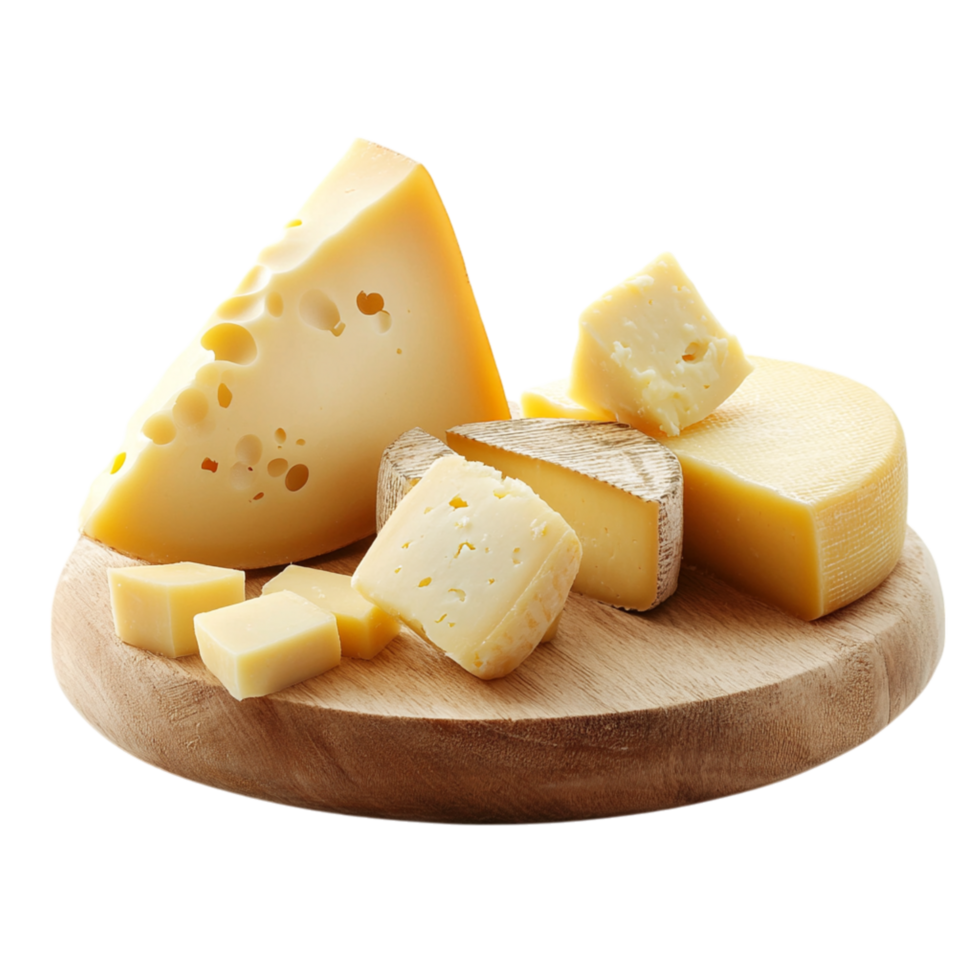 Wooden board holding different types of cheese with rich textures and flavors makes a delightful snack or a gourmet addition png
