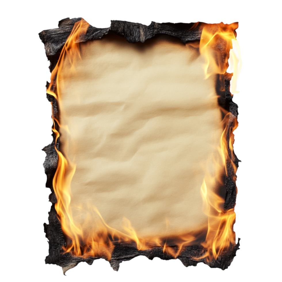 Burnt parchment paper with glowing flames on the edges gives an ancient and mysterious look with a dramatic effect png