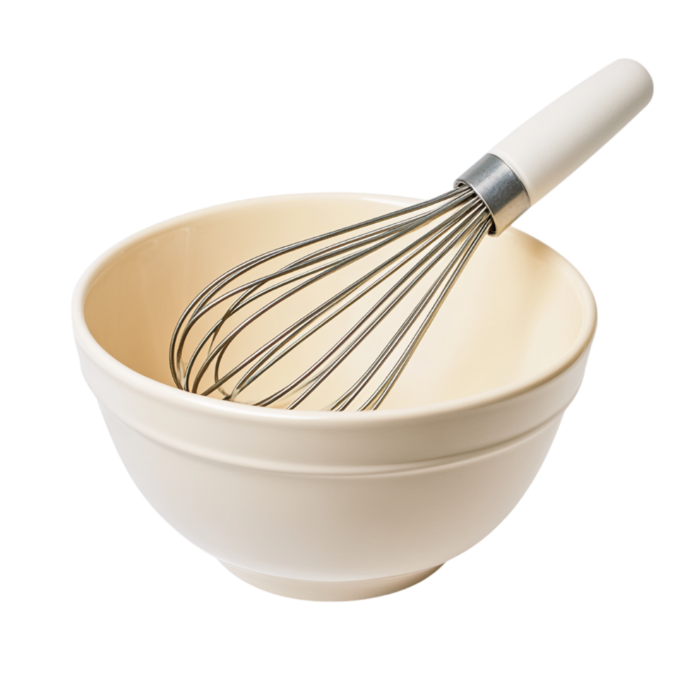 Sturdy ceramic mixing bowl paired with a wire whisk makes the perfect kitchen companion for preparing smooth batters sauces and other culinary creations png