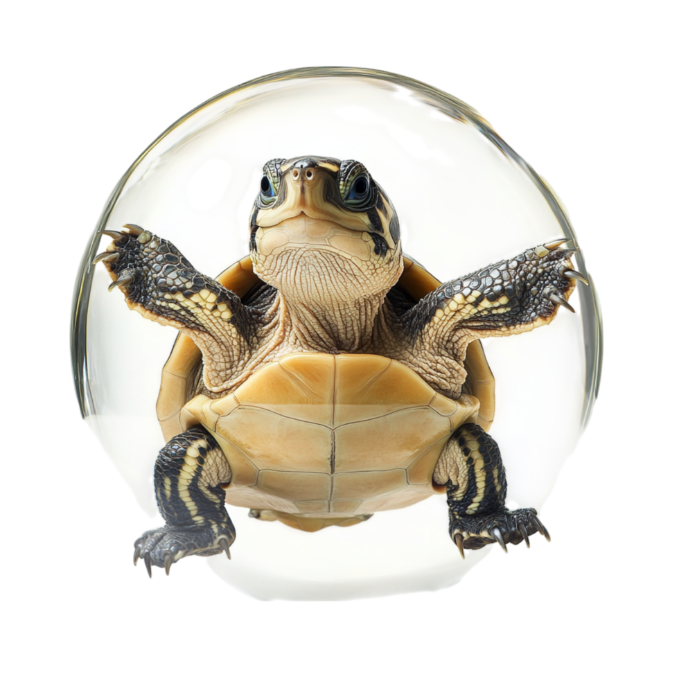 Tiny turtle encased in a glass sphere appears frozen in time making it a fascinating representation of nature and delicate preservation png