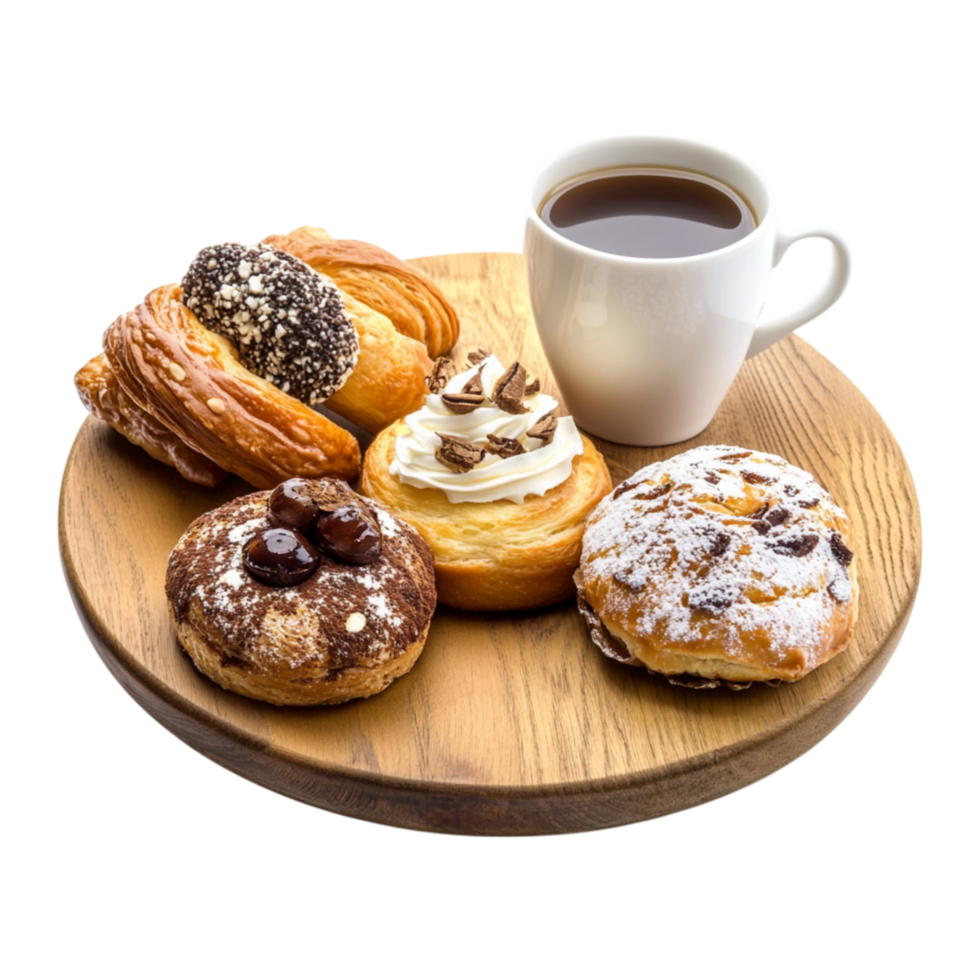 Round wooden tray filled with freshly baked pastries and a steaming cup of coffee represents indulgence and the irresistible pleasure of breakfast treats png