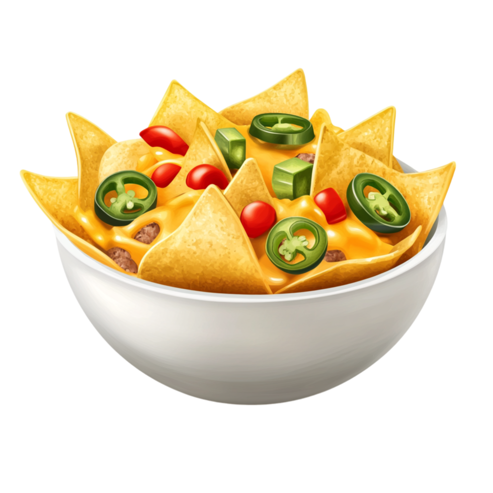 White bowl filled with crispy nachos drizzled with melted cheese and garnished with sliced represents indulgence and the spicy crunch of a classic snack png