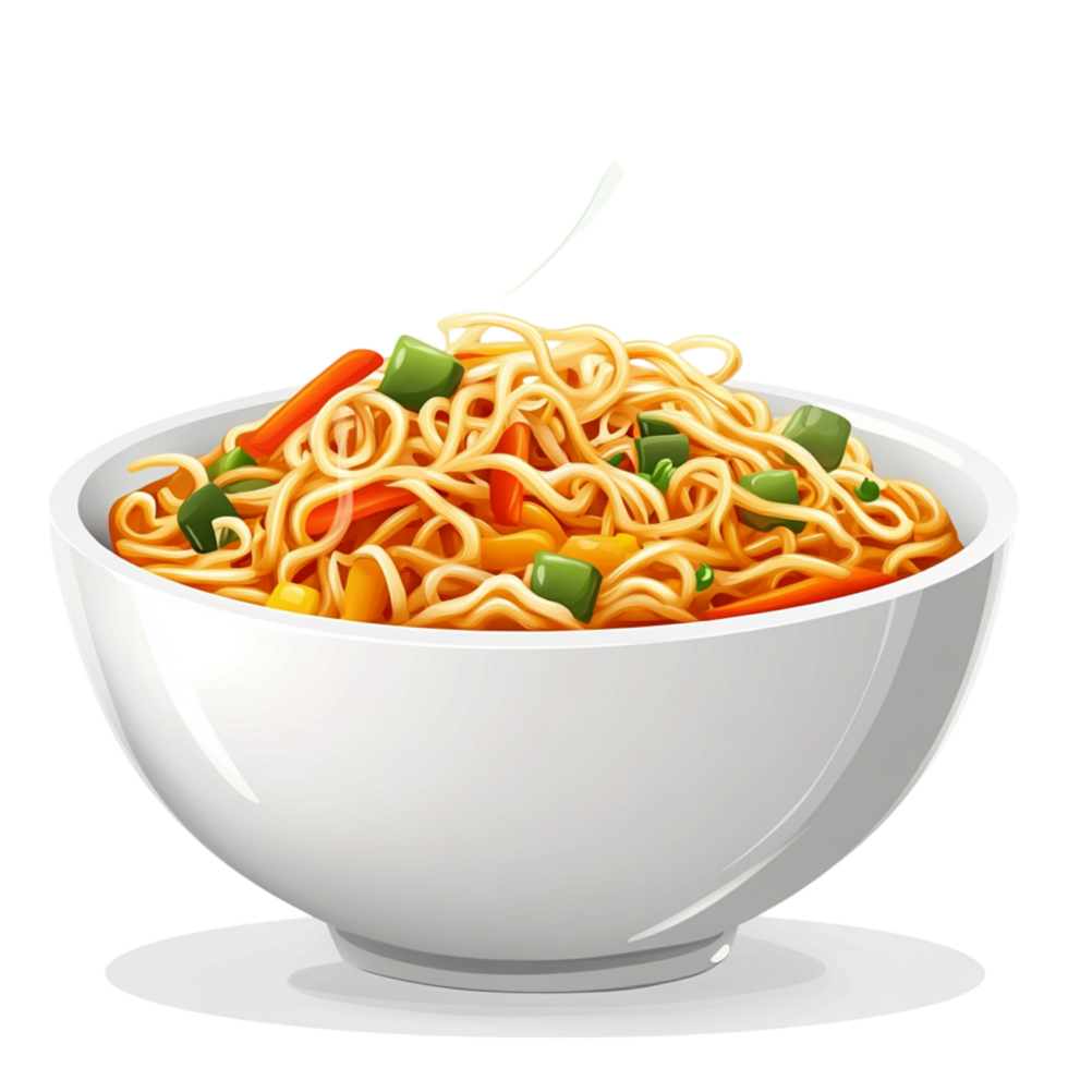 White bowl filled with steaming noodles tossed with vegetables and savory sauce represents satisfaction and the delicious appeal of a classic comfort dish png