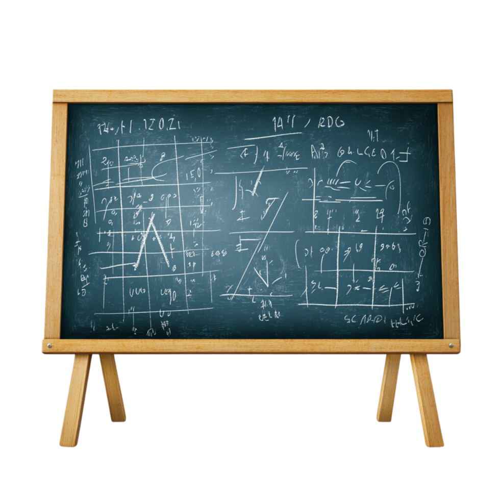 Classic wooden chalkboard filled with complex mathematical equations serves as a tool for learning and discovery making it an essential piece in education png