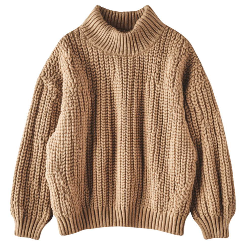Cozy brown knitted sweater with a thick turtleneck provides warmth and elegance making it a stylish and comfortable choice for chilly days and casual wear png