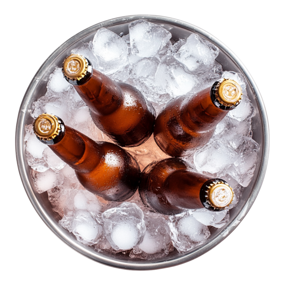 Round metal bucket filled with icy cold beer bottles represents refreshment and the chilled enjoyment of a classic beverage png