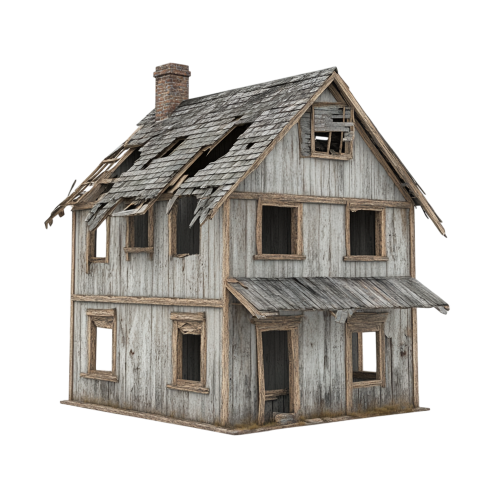 Abandoned wooden house with broken windows and a decaying roof stands as a haunting reminder of forgotten history evoking mystery and nostalgia in its weathered structure png