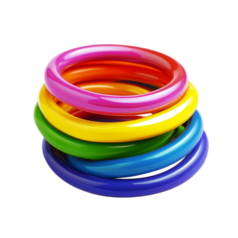 Colorful stack of smooth plastic bangles in shades of red blue yellow and green represents playfulness and the vibrant charm of fashionable accessories png