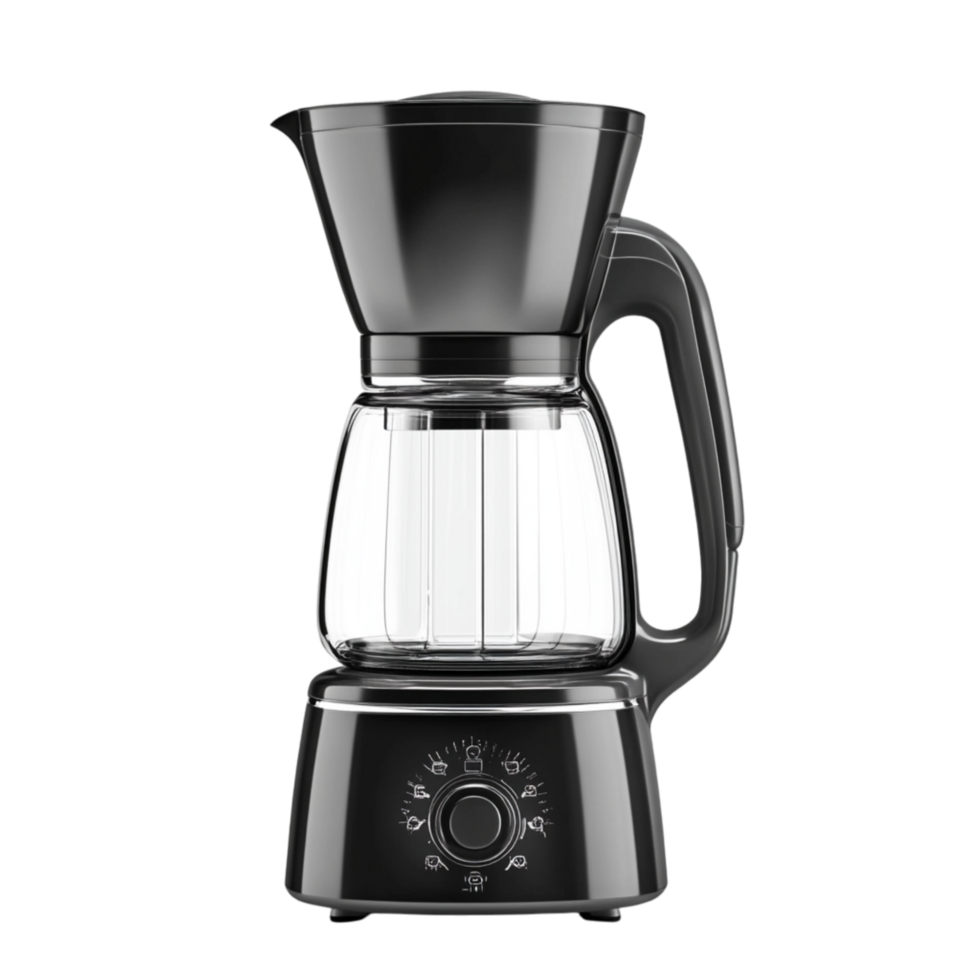 Sleek black coffee maker with a glass pot and control panel crafted for brewing rich aromatic coffee bringing energy warmth and convenience to daily routines png