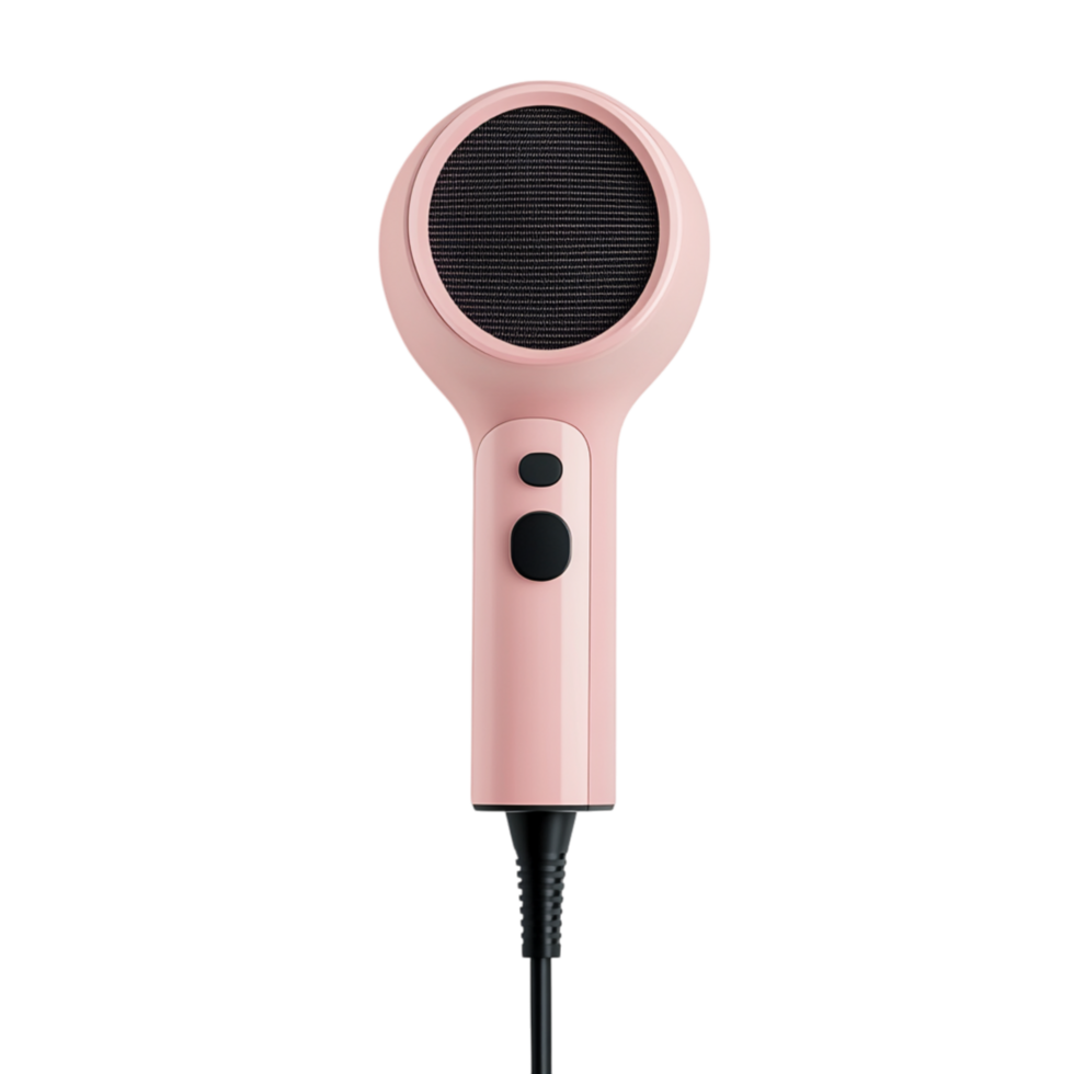Sleek pink hairdryer with a modern compact design equipped with control buttons providing efficient airflow for quick styling and professional hair care results png