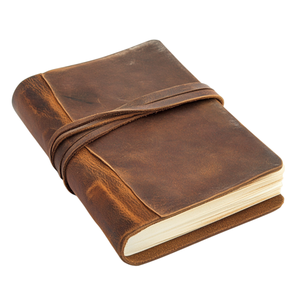 Vintage leatherbound notebook with a rustic wraparound strap designed for capturing thoughts creativity and personal reflections in a timeless writing journal png