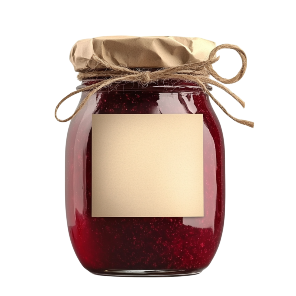 Sealed glass jar filled with deep red berry jam and tied with a rustic fabric cover represents tradition and the delicious essence of homemade preserves png