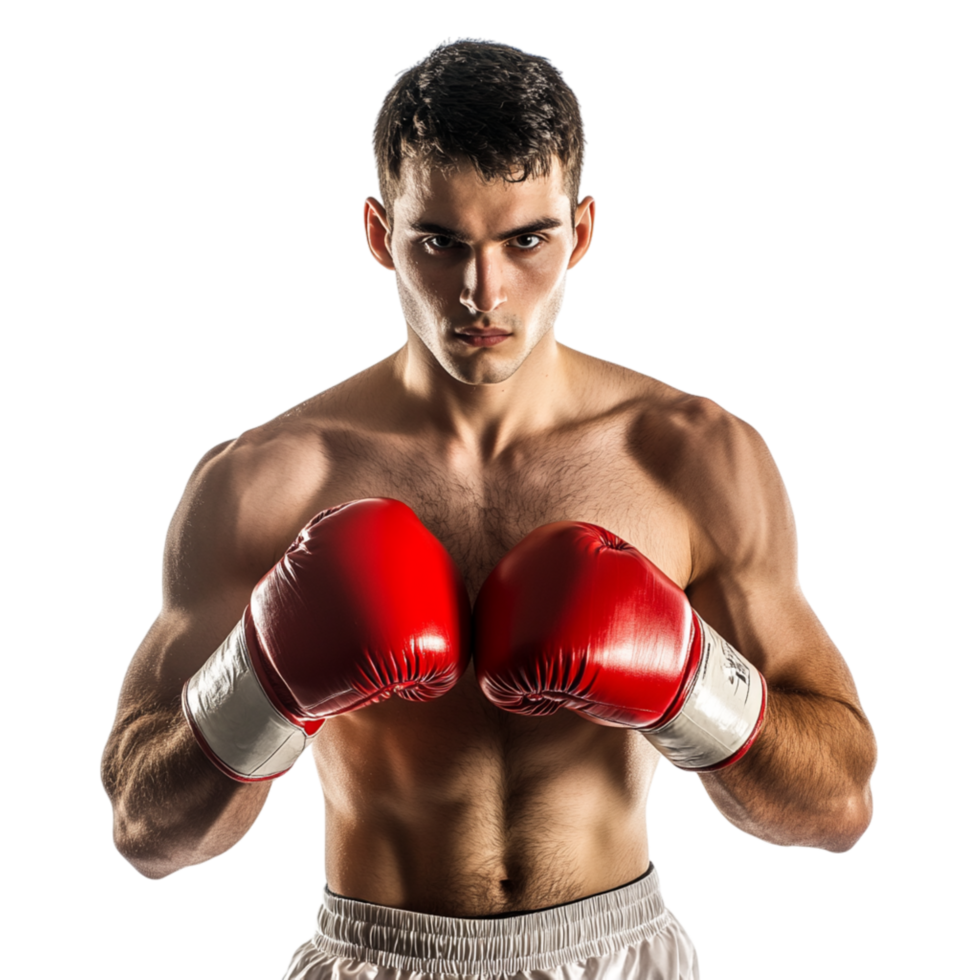 Focused boxer with red gloves and a determined expression showcasing discipline power and the spirit of competitive fighting in the world of professional boxing png