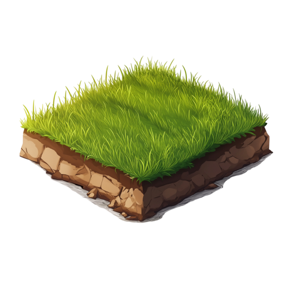 Floating cube of vibrant green grass with a soil base illustrating fresh natural beauty sustainability and the foundation of lush landscapes and outdoor spaces png