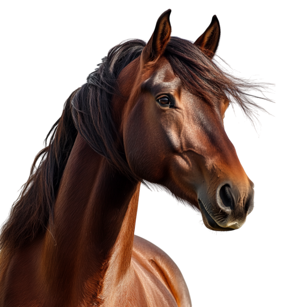 Majestic brown horse with a flowing black mane gazes ahead and represents strength and the powerful beauty of equestrian grace png