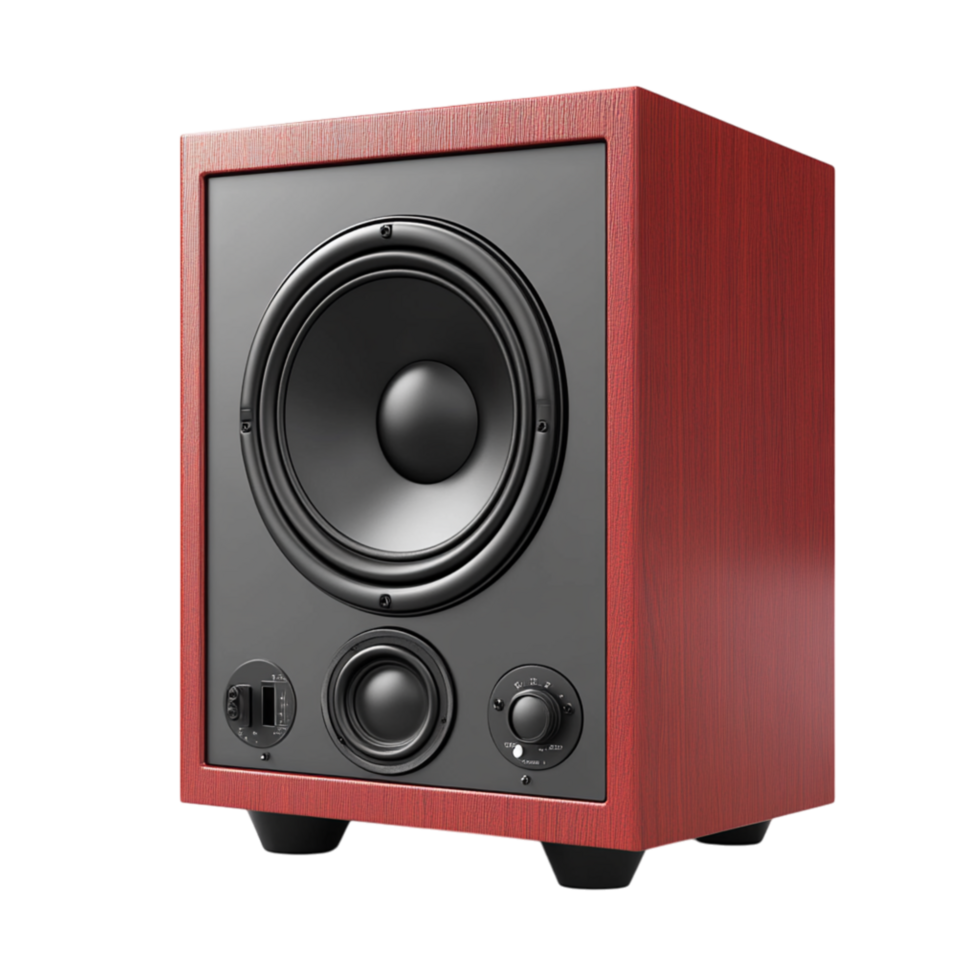 Wooden speaker with a large central woofer and control knobs delivering powerful audio clarity deep bass and a stylish addition to any sound system setup png