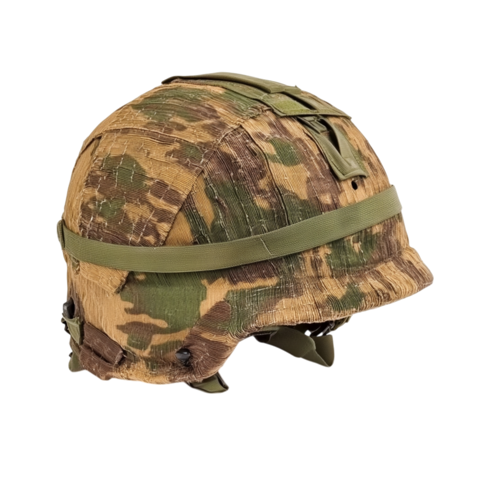Sturdy military helmet with camouflage print designed for protection resilience and readiness in combat environments symbolizing strength and defense png