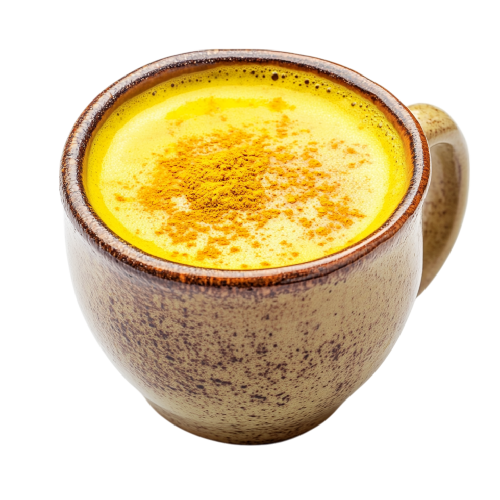 Large ceramic mug filled with golden turmeric latte sprinkled with aromatic spices offering a warm nourishing and healthboosting beverage experience png