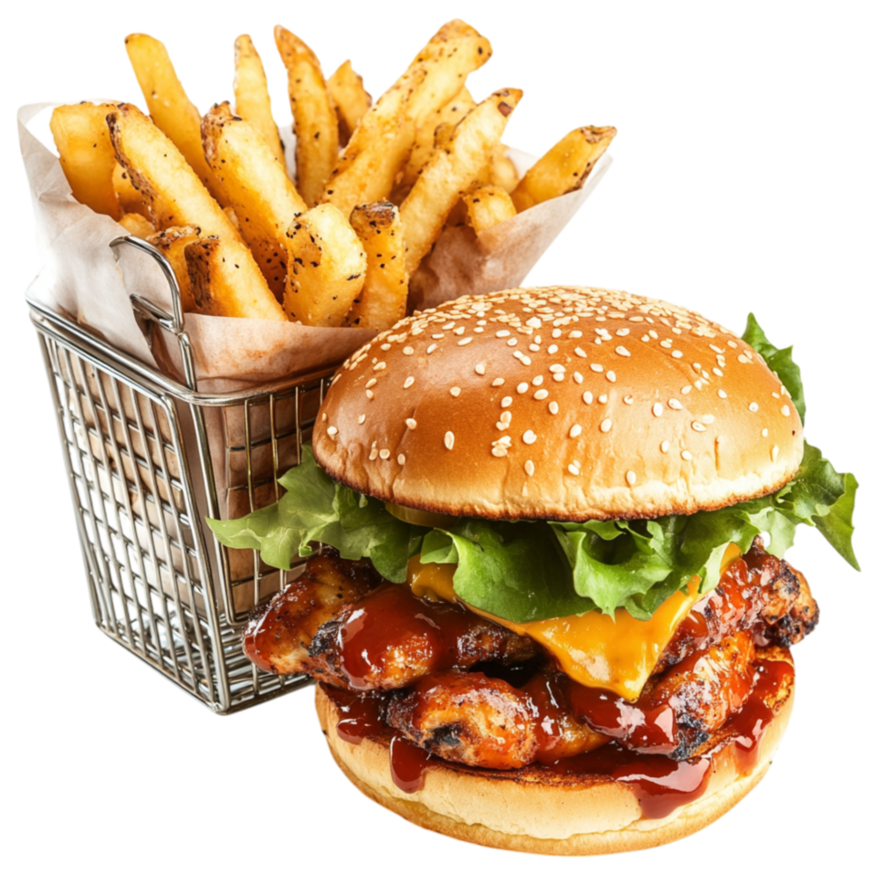 Crispy golden fries served beside a juicy burger with fresh toppings symbolizing indulgence and the irresistible taste of comfort food png
