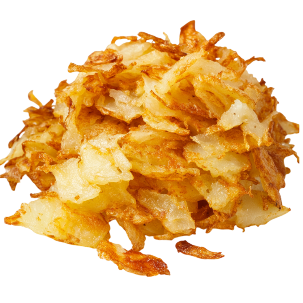 Crispy golden hash browns with a crunchy exterior and tender potato shreds delivering a mouthwatering texture rich flavor and a satisfying breakfast experience png