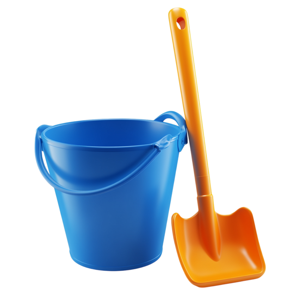 Blue plastic bucket and bright orange shovel set together making it an essential duo for building sandcastles at the beach png