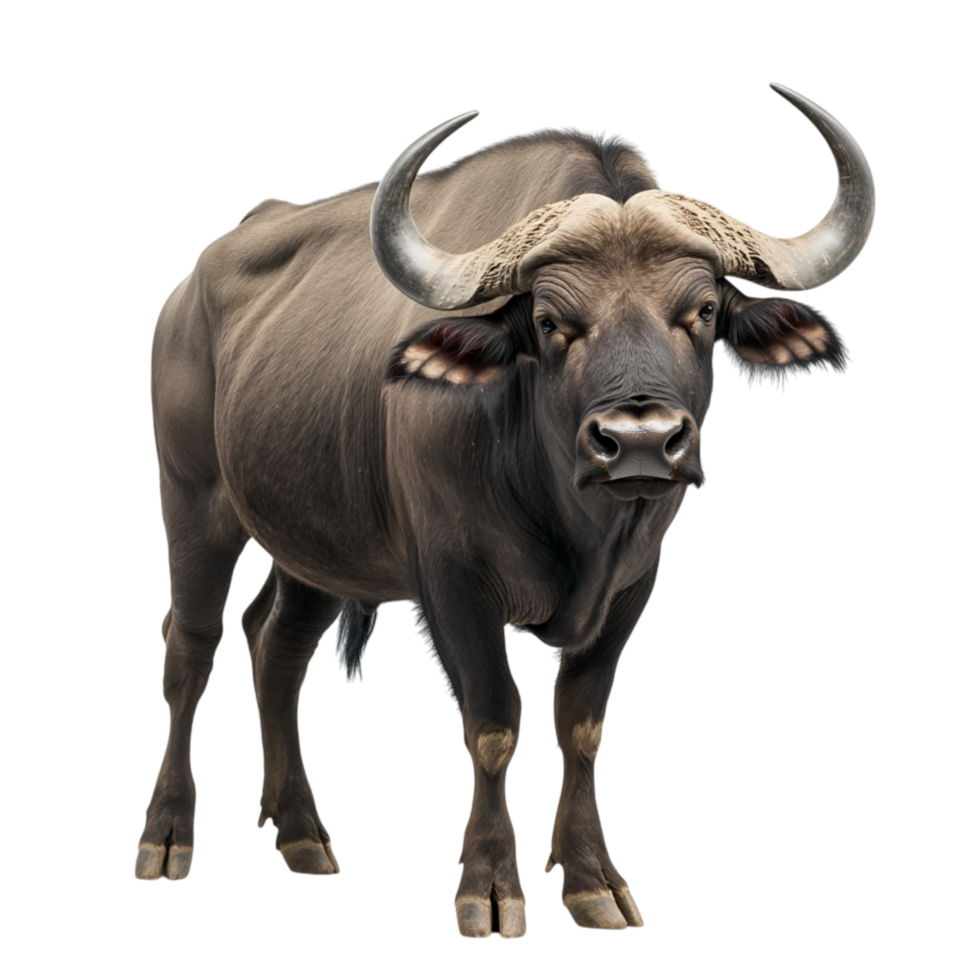 Strong black buffalo with curved horns and a muscular body standing tall with a fierce and powerful presence png