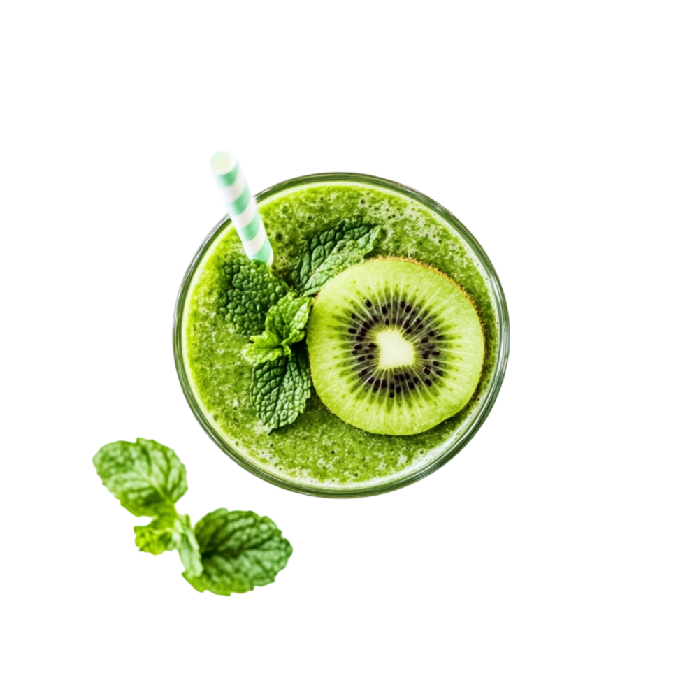 Fresh kiwi smoothie in a round glass with a green color and a straw garnished with mint leaves for a refreshing taste png