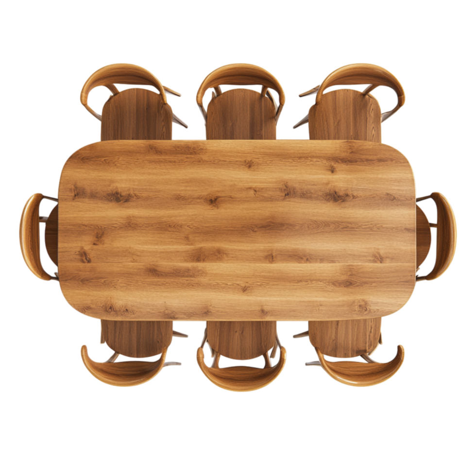 Wooden dining table set with six matching chairs placed neatly to create a warm and inviting space for shared meals png