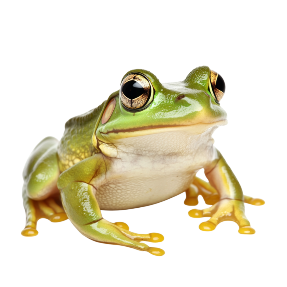 Small green frog with shiny skin and big round eyes sitting attentively and looking ready to jump at any moment png