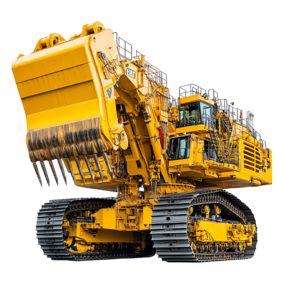 Heavy-duty yellow excavator with large metal tracks and a powerful scoop built for digging and construction work png
