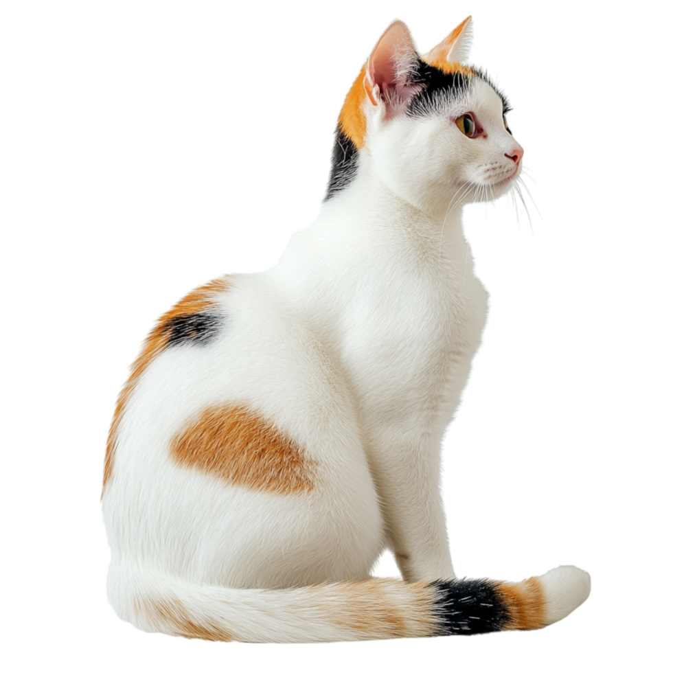 White and orange calico cat sitting elegantly with perked ears and bright eyes looking curiously at its surroundings png