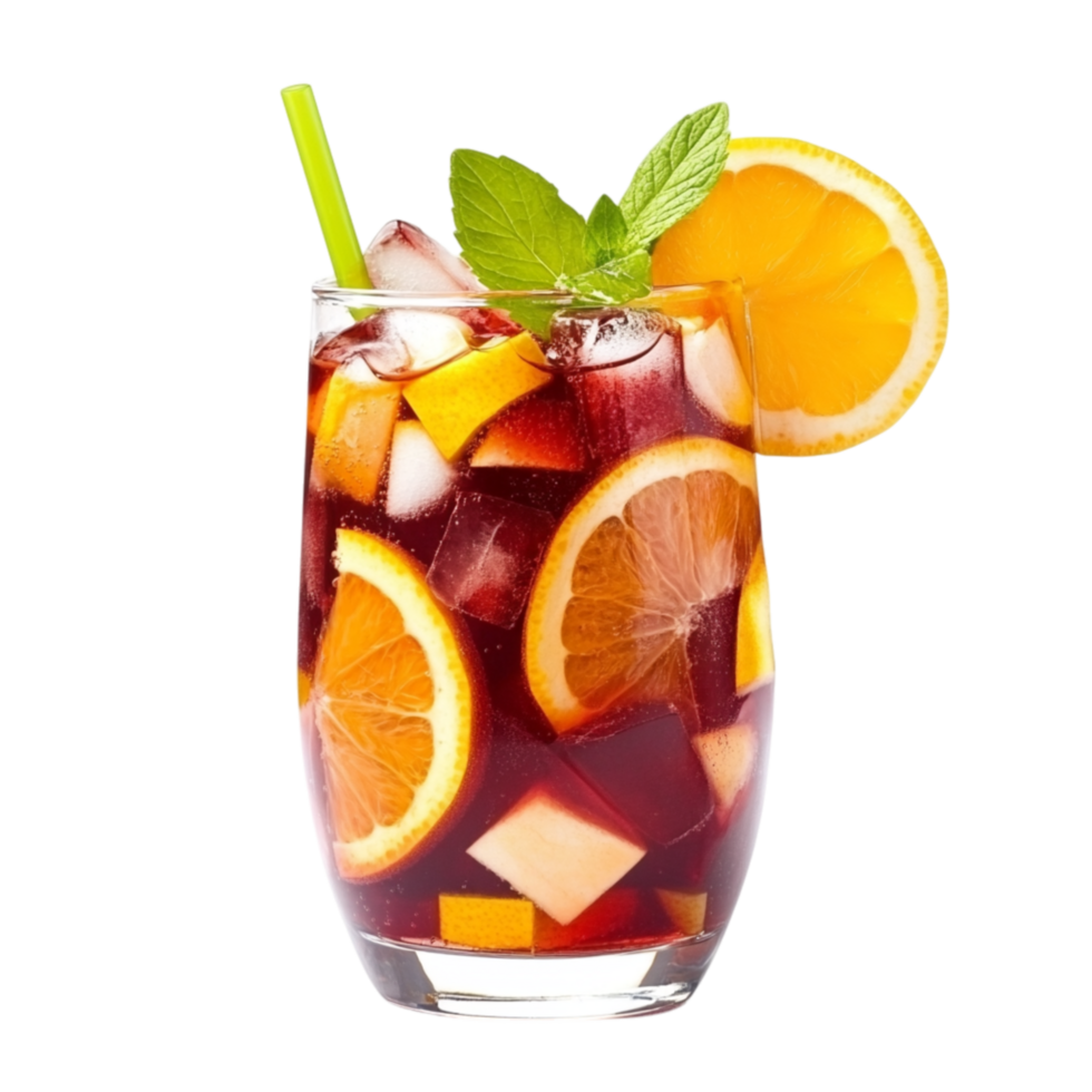 Glass of refreshing fruit punch filled with orange slices ice cubes and mint leaves creating a perfect summer drink png