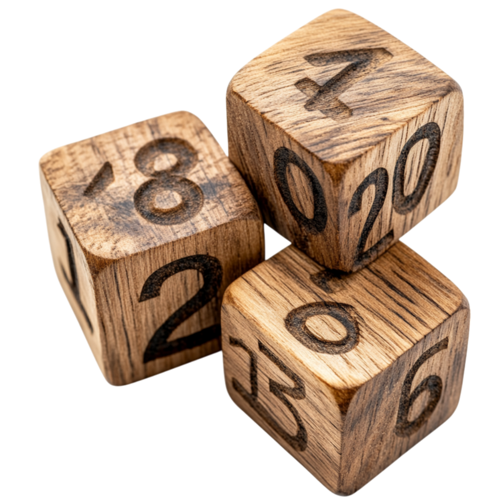 Set of wooden dice with engraved numbers and a rustic appearance making them ideal for tabletop games and roleplaying adventures png