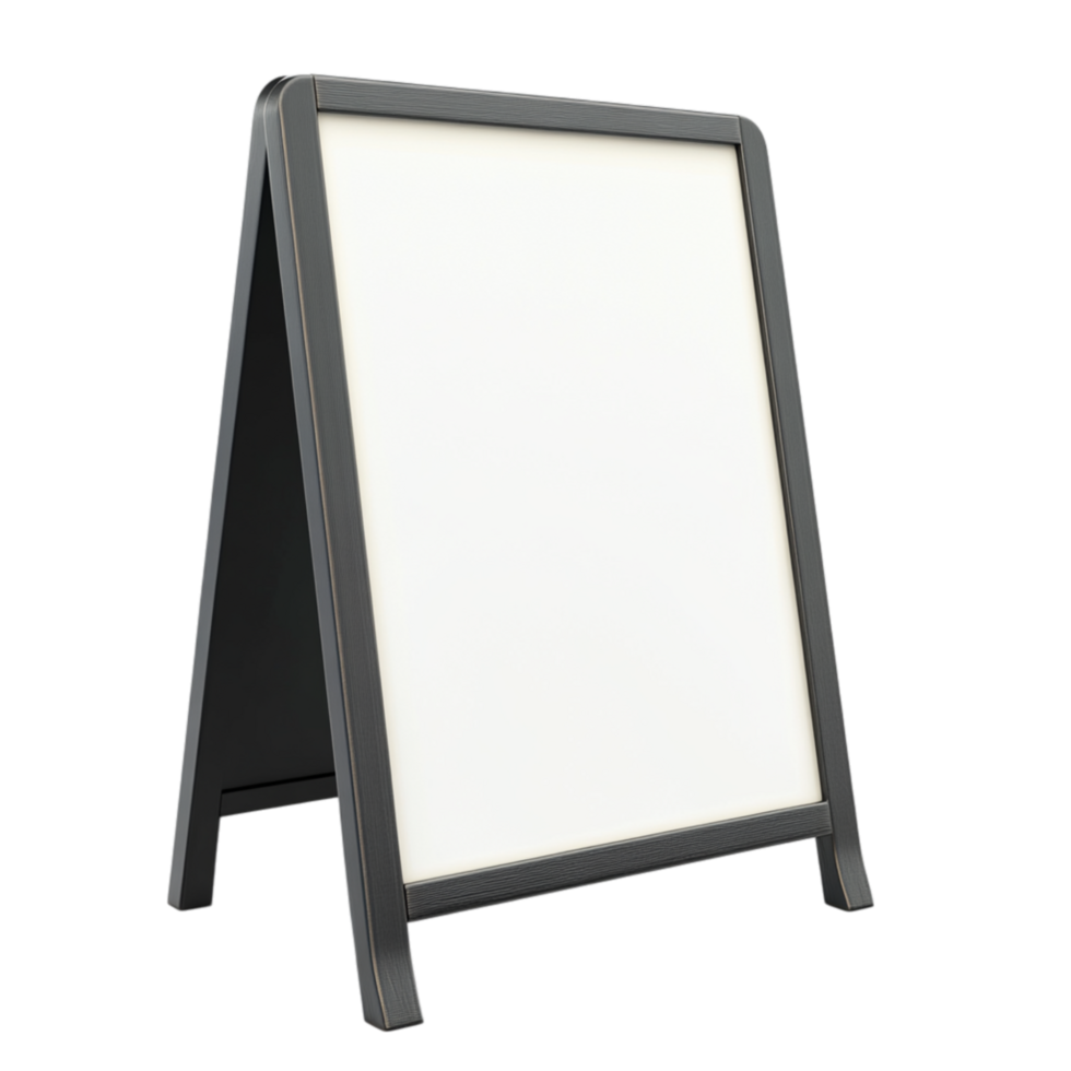 Blackframed standing signboard with a blank white surface ready to display messages or advertisements in any setting png