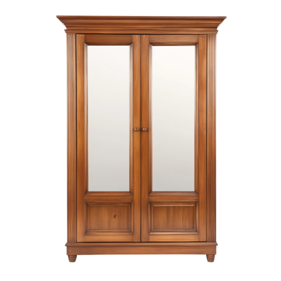 Tall wooden wardrobe with mirrored doors and a polished finish offering plenty of storage space for clothes and accessories png