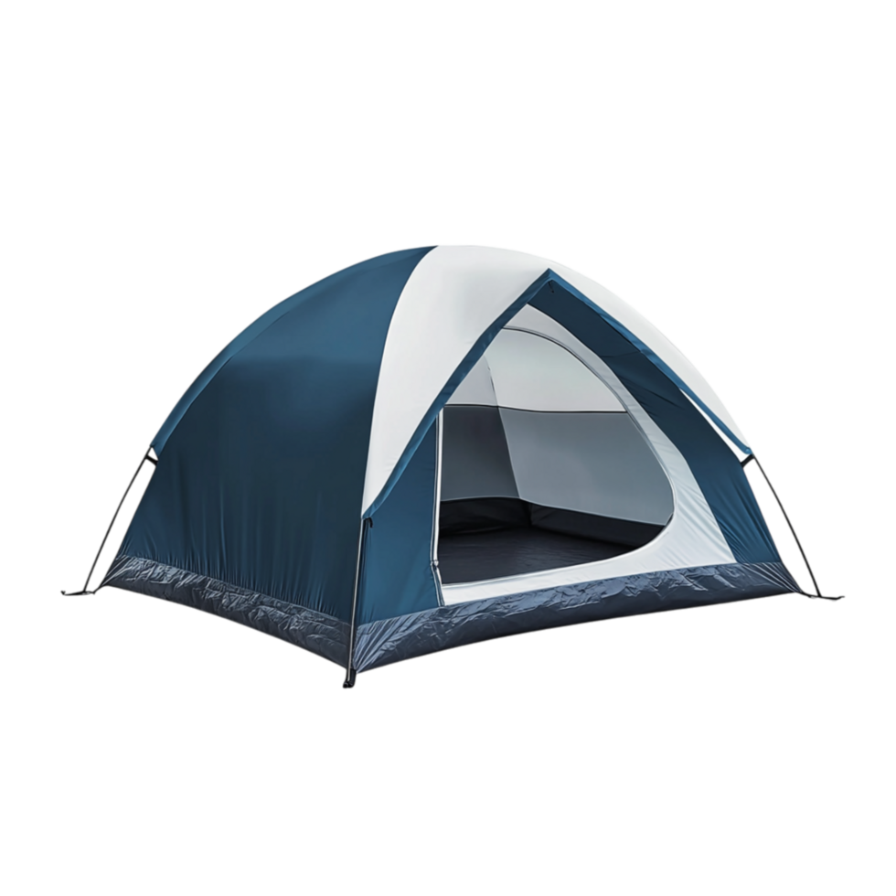 Blue and white camping tent set up and ready for outdoor adventures with its entrance flap slightly open inviting someone inside png