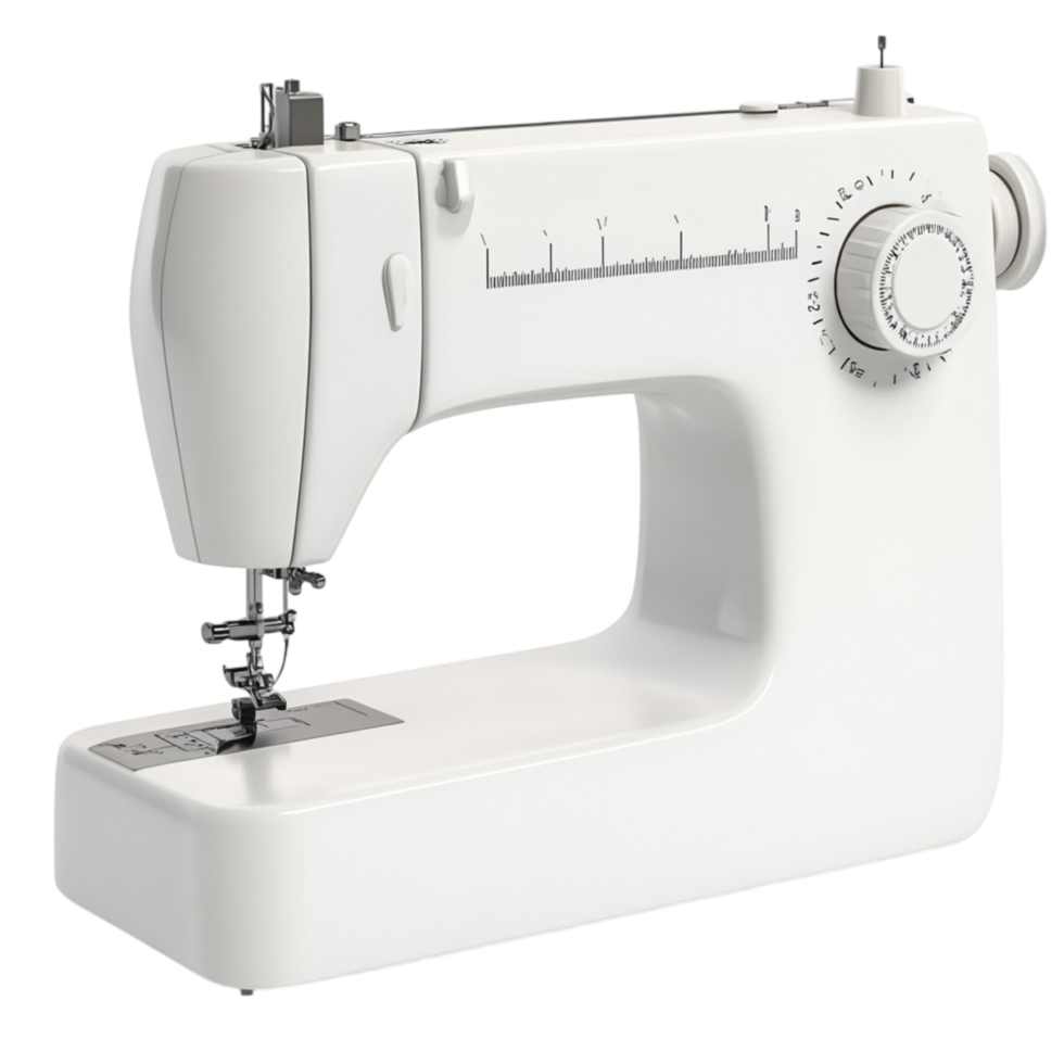 White sewing machine with a simple design and multiple adjustment dials making it useful for stitching and fabric work png