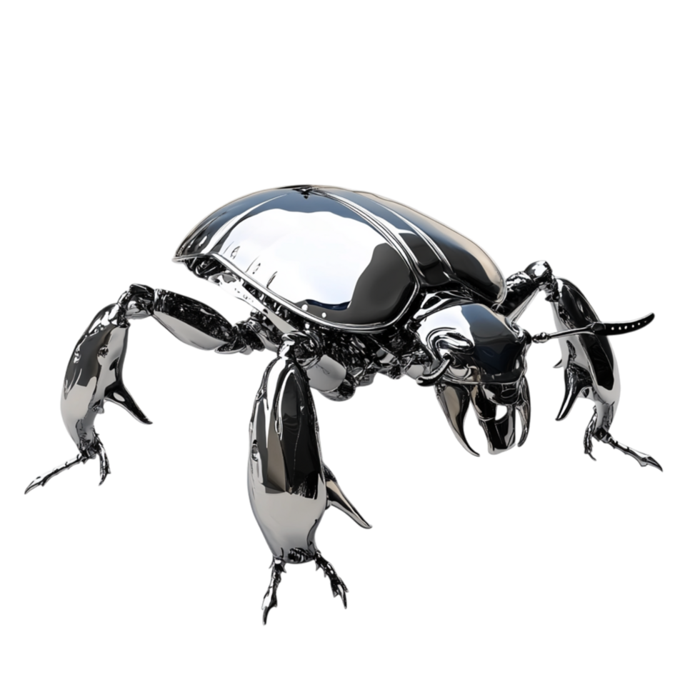 Shiny metallic beetle with robotic legs standing still with its futuristic design making it look like a mechanical creation png