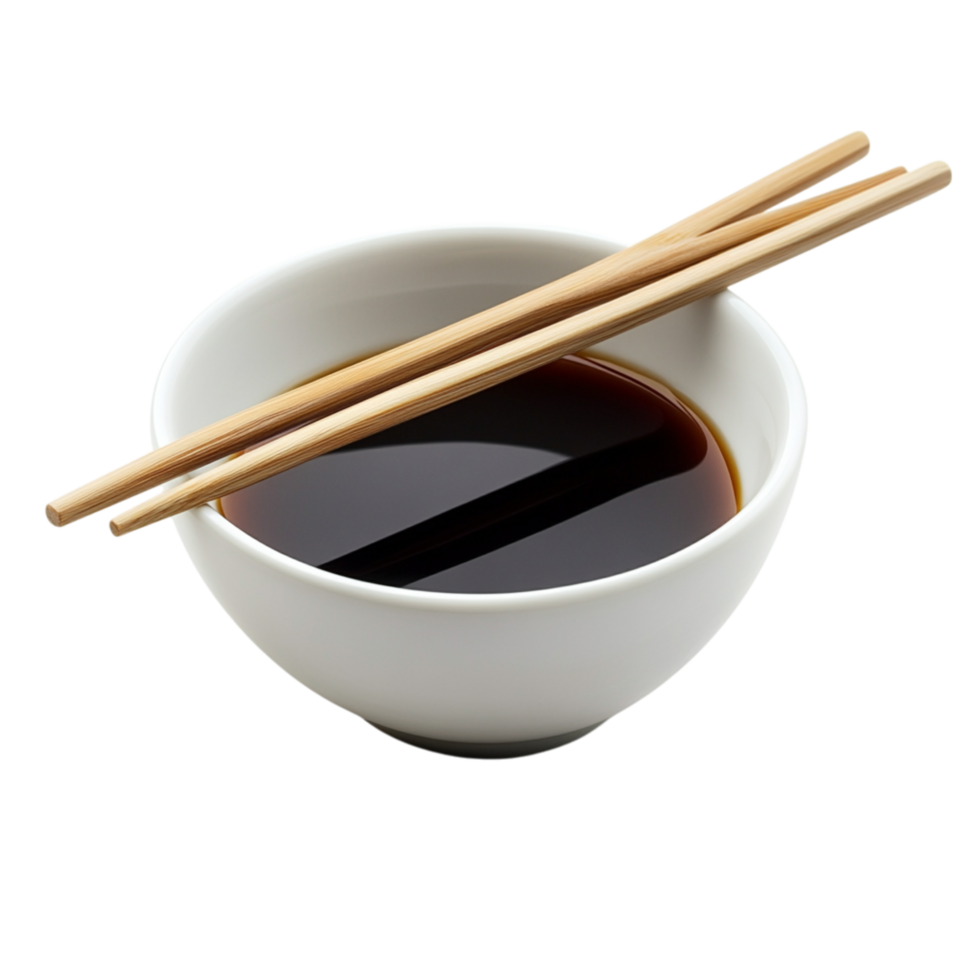 White bowl filled with dark soy sauce accompanied by a pair of wooden chopsticks resting gently on the rim png