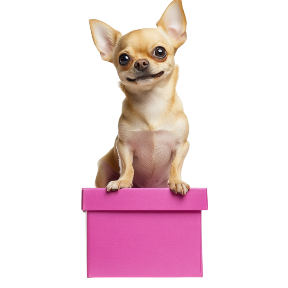 Tiny chihuahua sitting inside a pink box with its ears perked up and its big round eyes staring curiously at something png